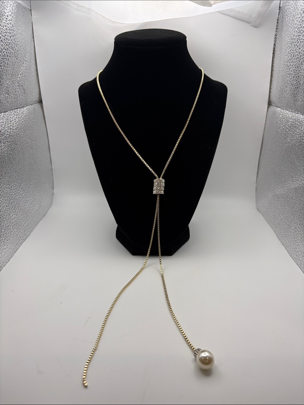 Gold Lariat Necklace with Pearl Pendant